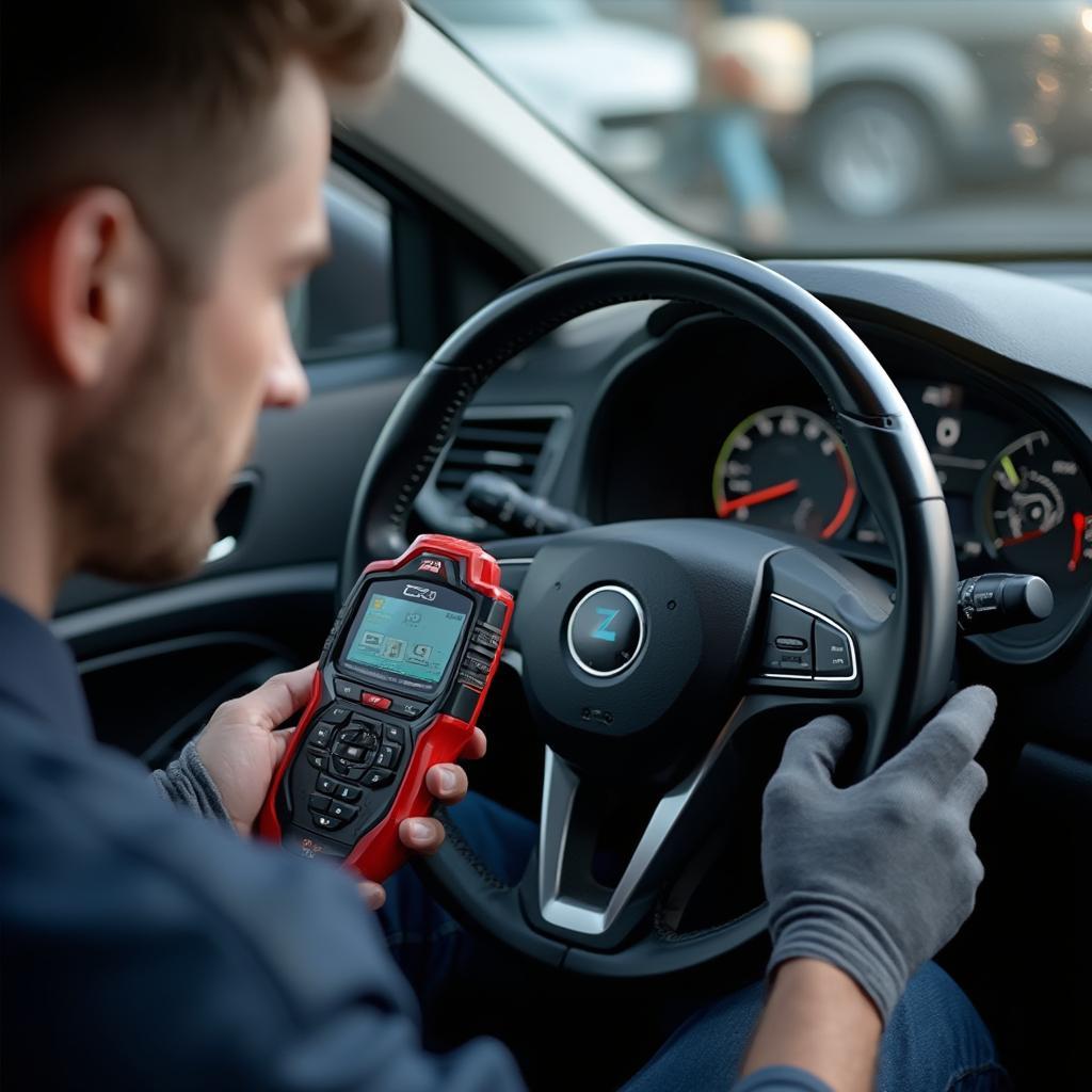 Mechanic Calibrating Steering Angle with OBD2 Scanner