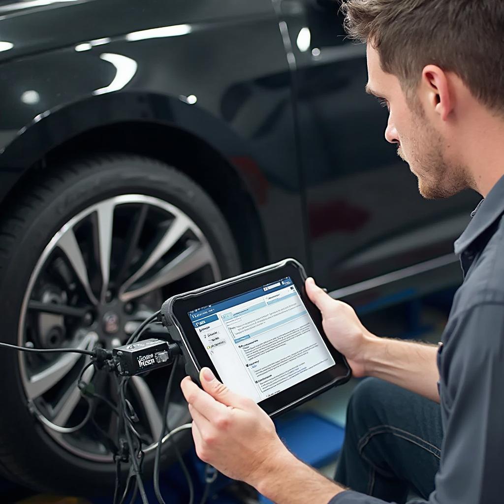 A mechanic using an OBD2 scanner with a Type-C connection on a tablet to diagnose a car.