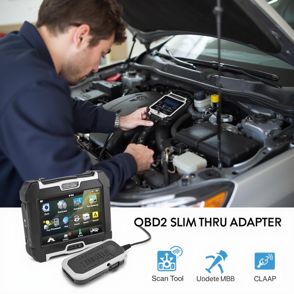 Mechanic using OBD2 Slim Thru Adapter for Diagnostics