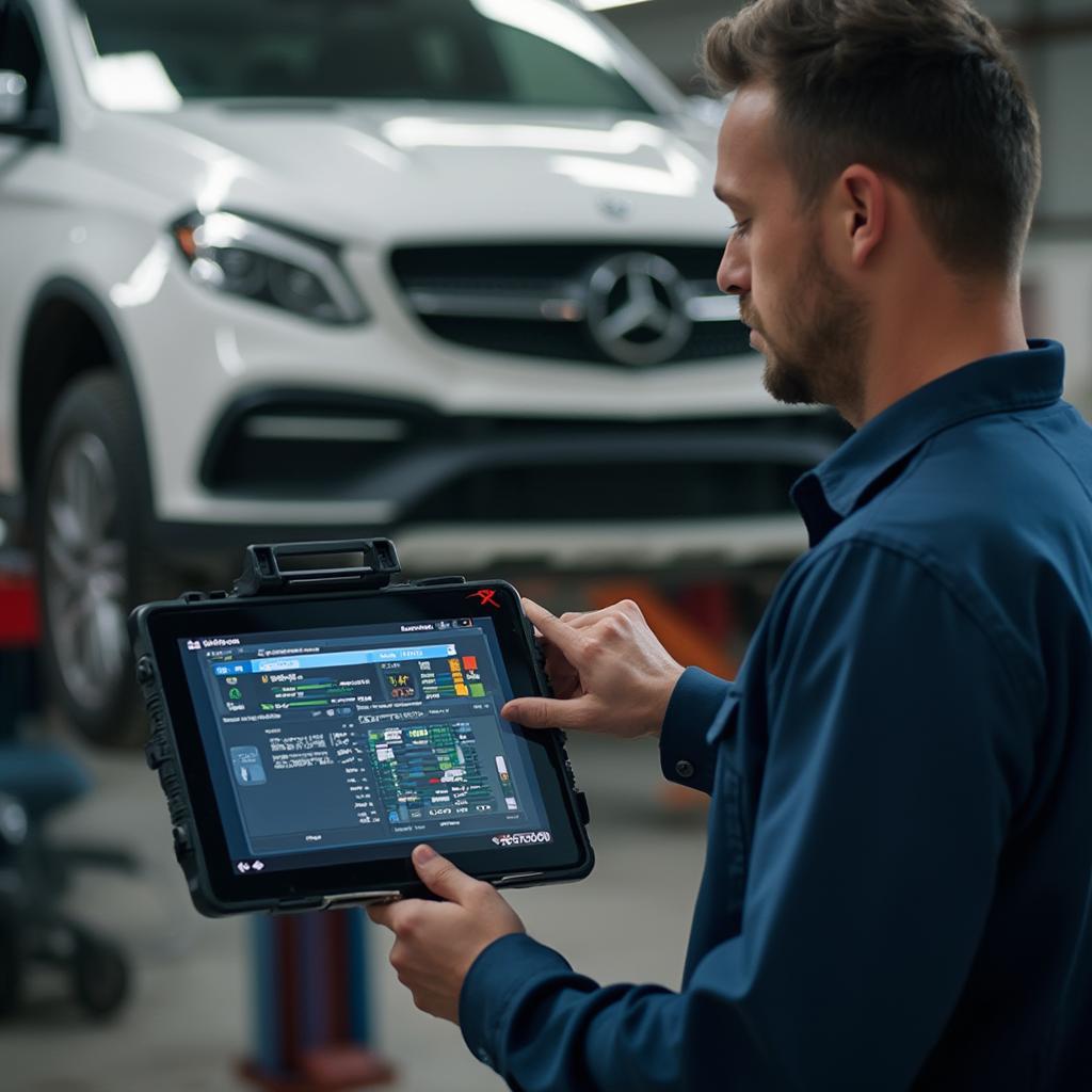 Mechanic Using OBD2 Software on a Tablet