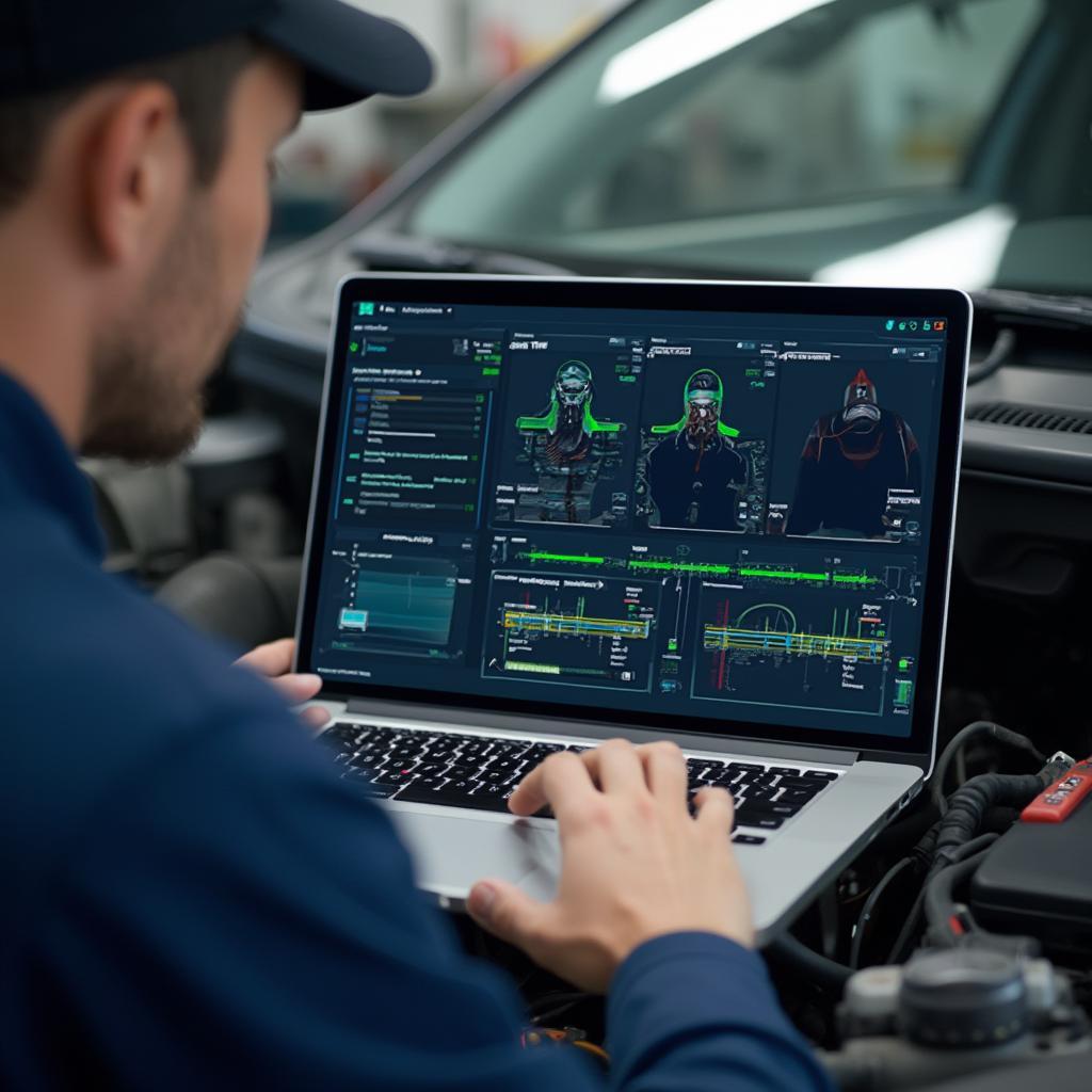 Mechanic Using OBD2 Software on Laptop