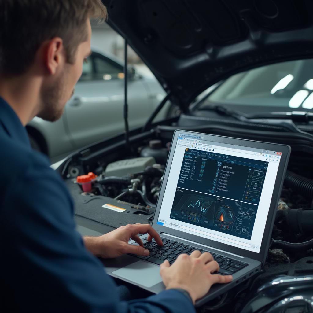 Mechanic Using OBD2 Software on a Laptop