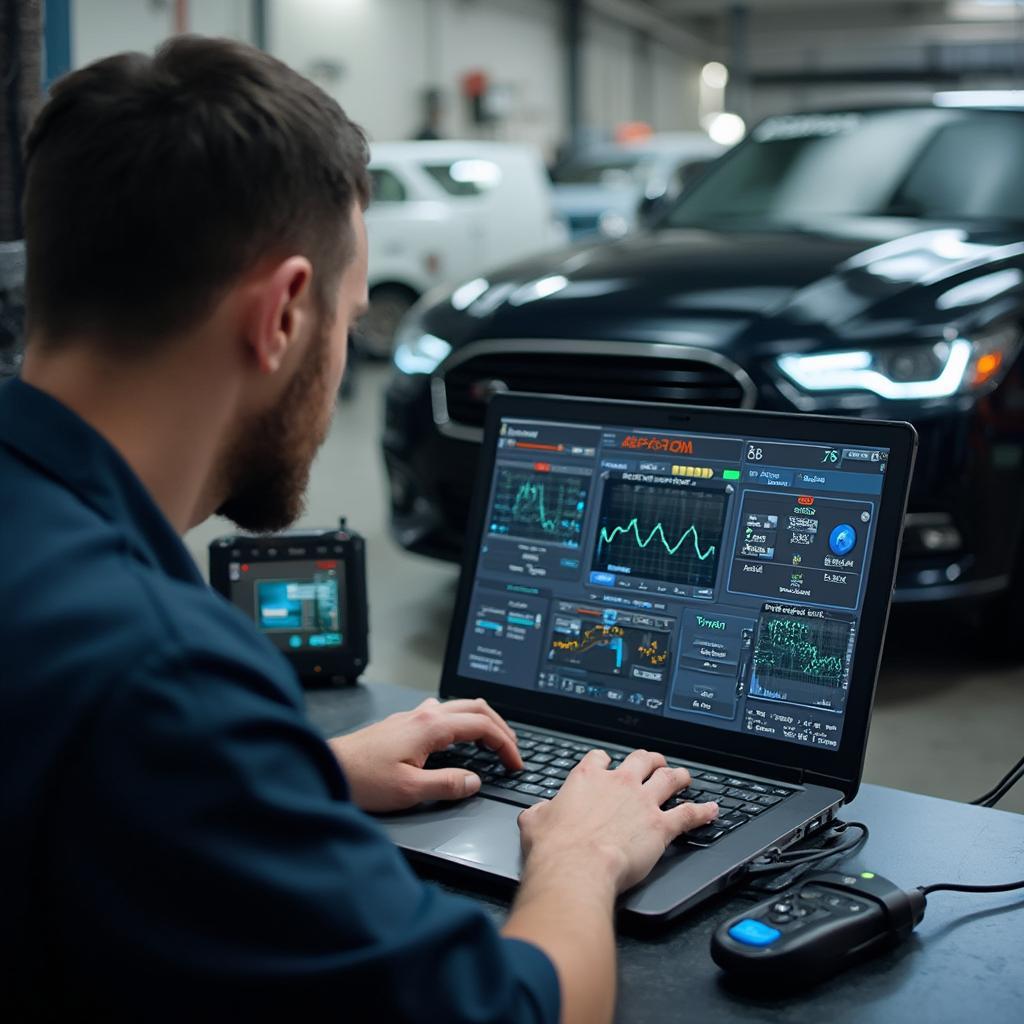 Mechanic Using OBD2 Software on Laptop