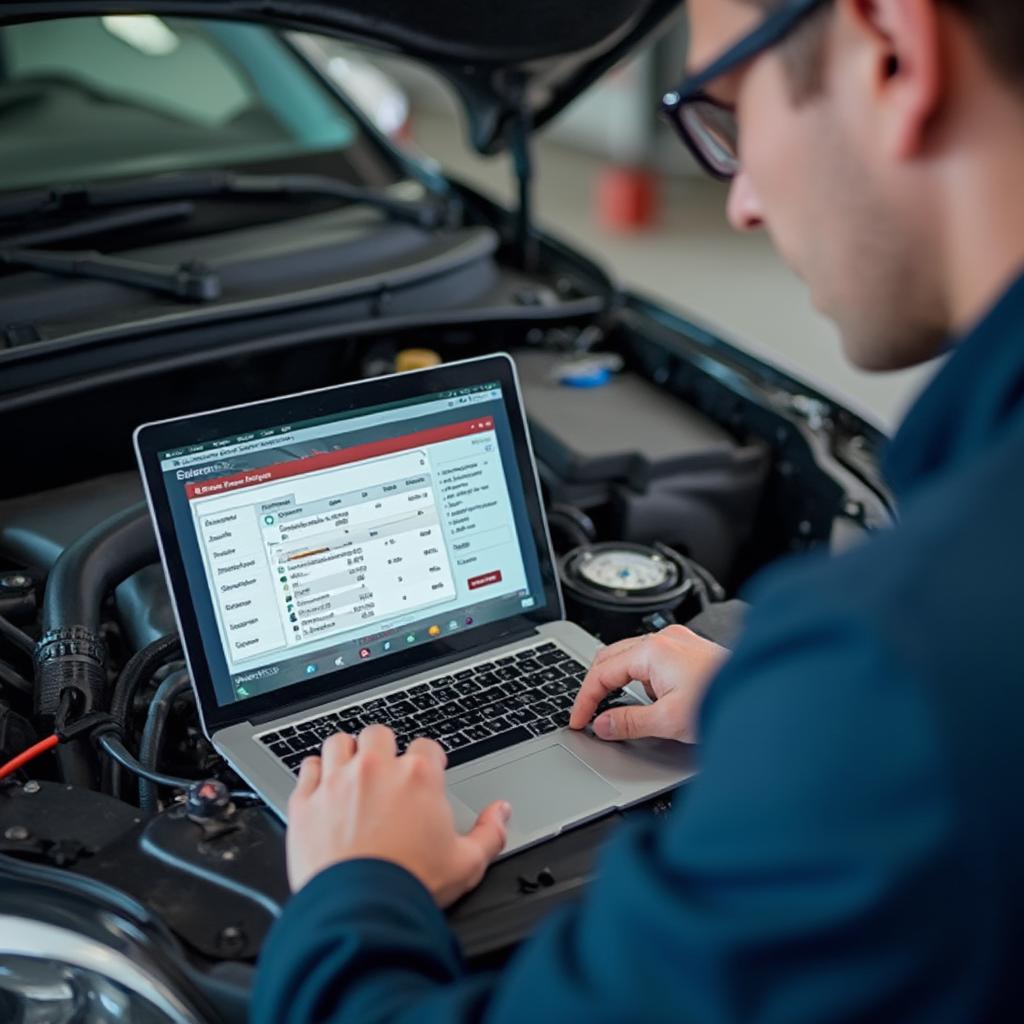 Mechanic using OBD2 software on laptop