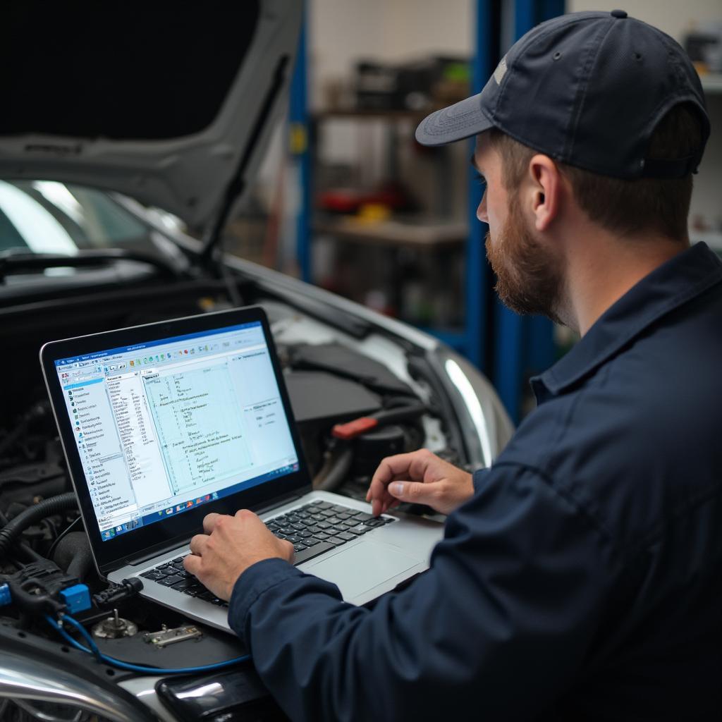 Mechanic using OBD2 software on a laptop in a garage to diagnose a car