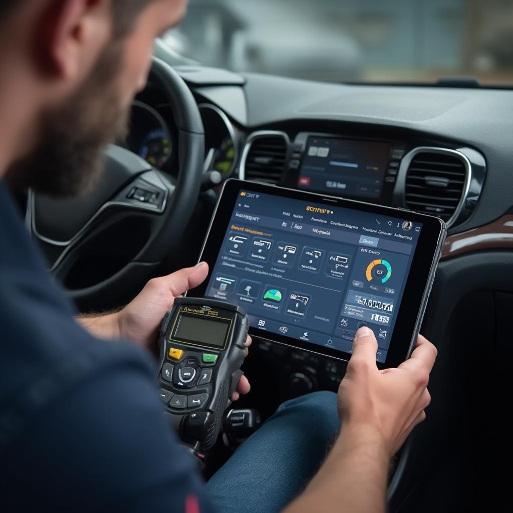 Mechanic Using OBD2 Software on Opel Car