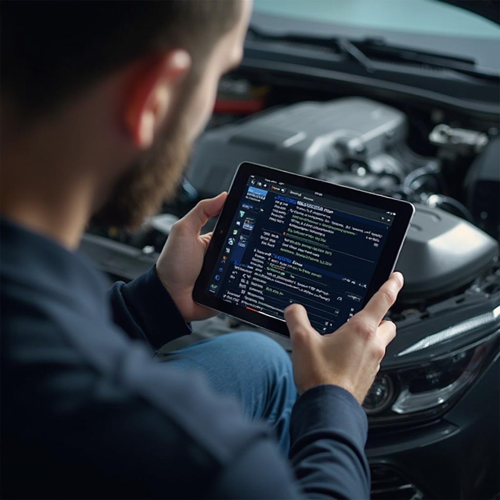 Mechanic Using OBD2 Software on Tablet