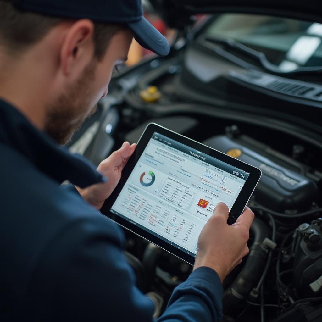 Mechanic using OBD2 Software on Tablet