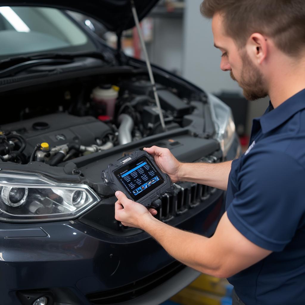 Mechanic Diagnosing Car with OBD2 Startimes Scanner