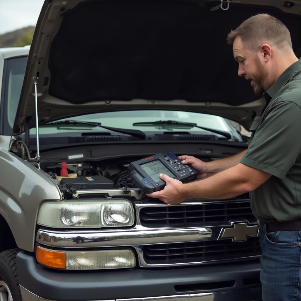 Mechanic Using OBD2 Transmission Program Tool for 2003 Chevy Suburban Repair