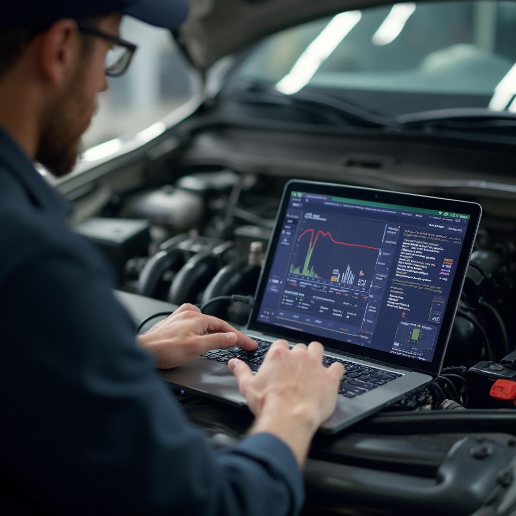 Mechanic Using OBD2 USB Software to Diagnose Car