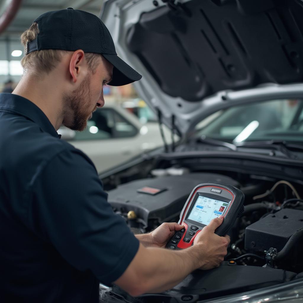 Mechanic using an OBD2 VGET scanner to diagnose a car problem