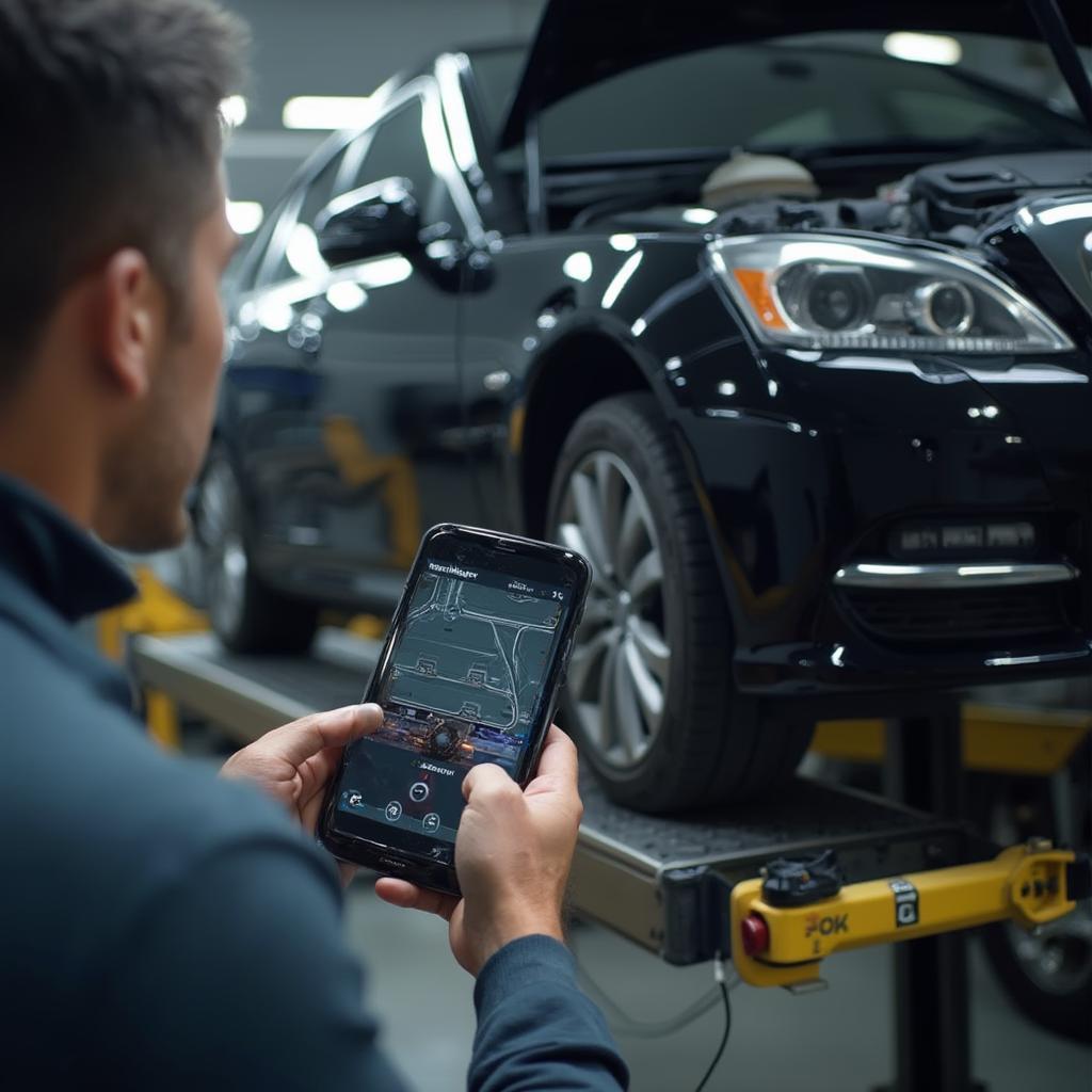 Mechanic Using OBD2 WiFi Adapter to Diagnose Car Problem