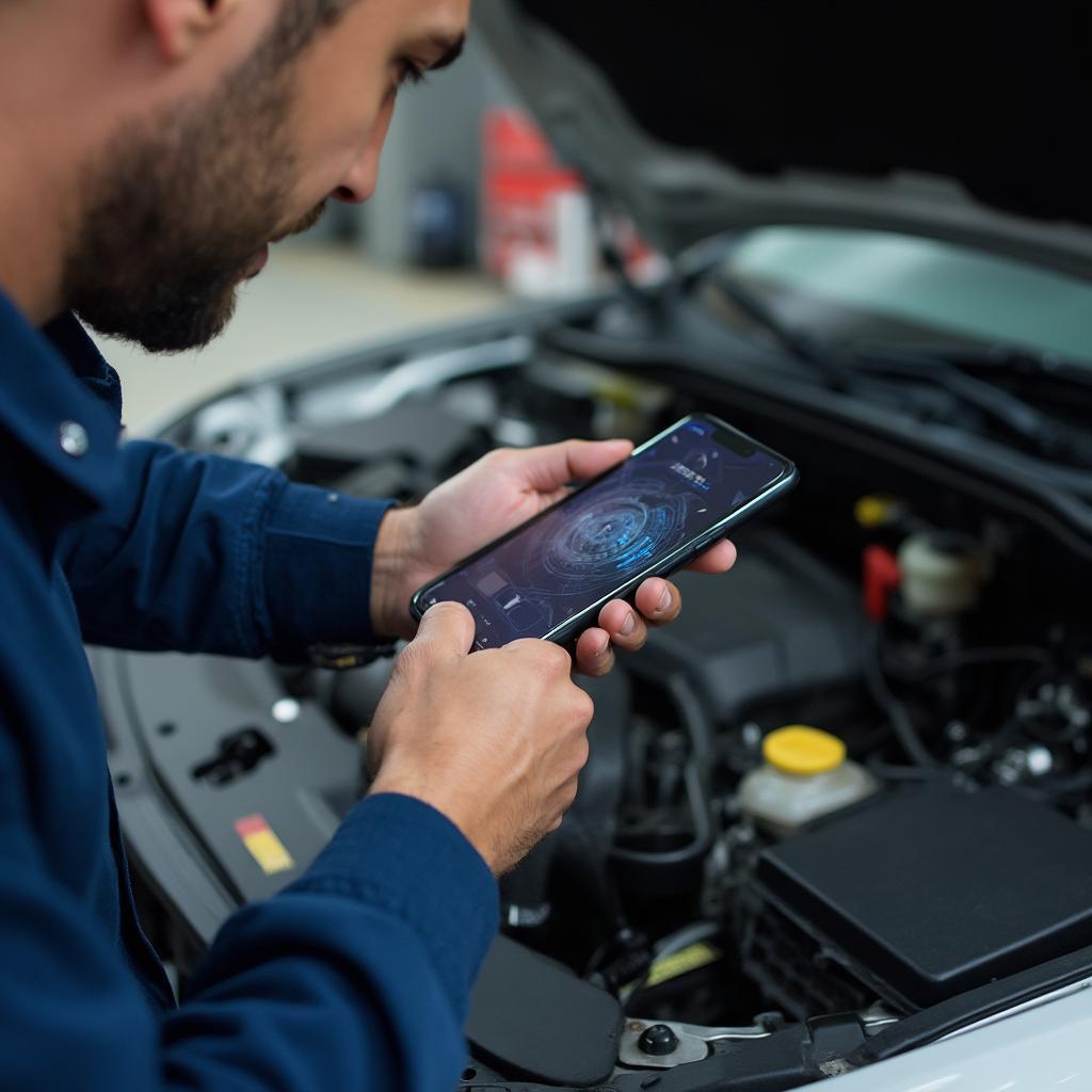 Mechanic Using OBD2 App on iPhone