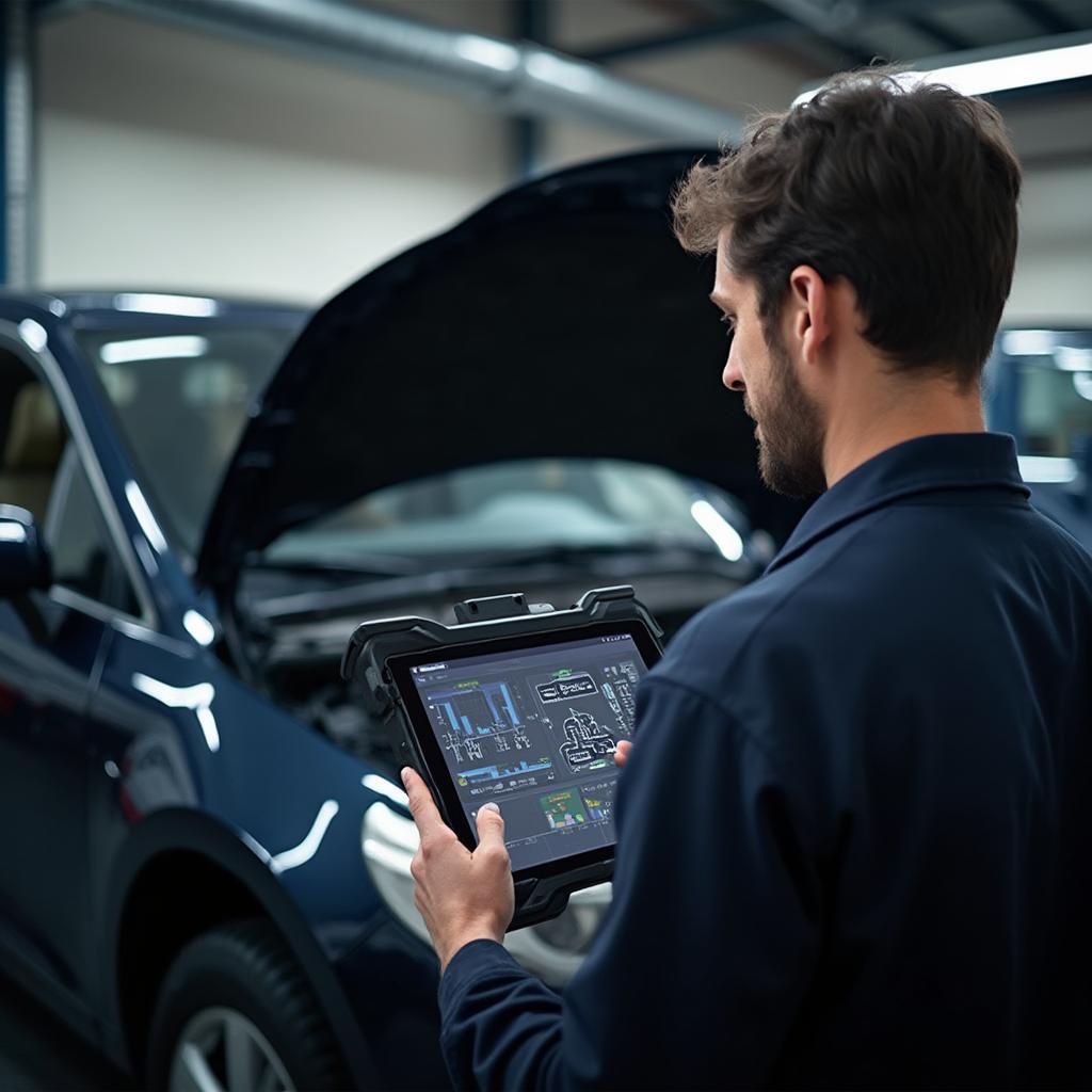 Mechanic using an innovate OBD2 WiFi scanner in a professional workshop setting