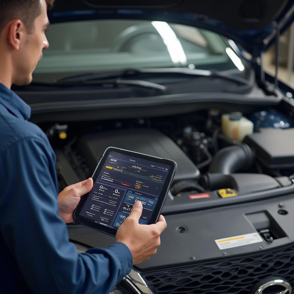 Mechanic using an OBD2 Wi-Fi adapter and tablet to diagnose a car