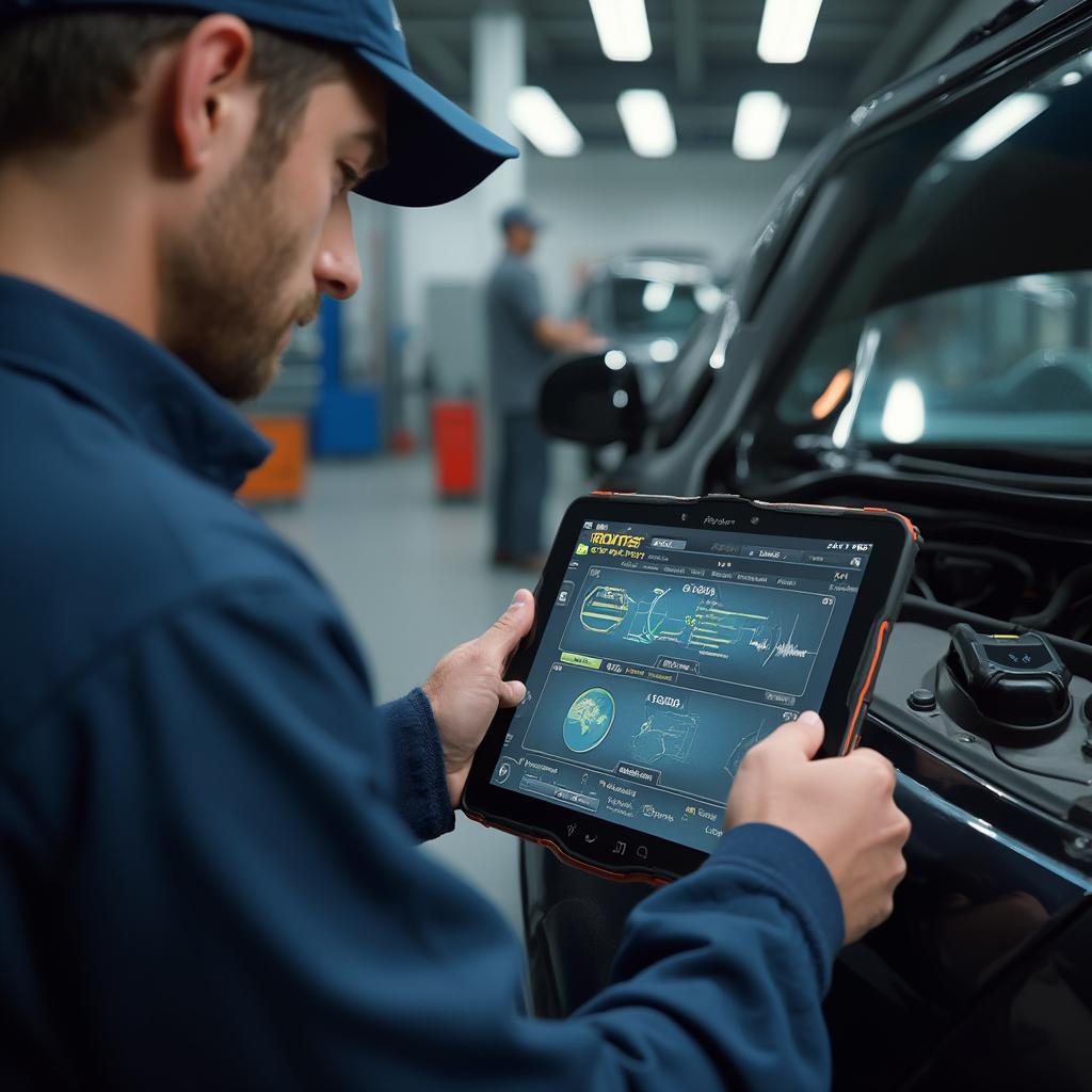 Mechanic using an OBD2 Windows tablet in a workshop, diagnosing a car.