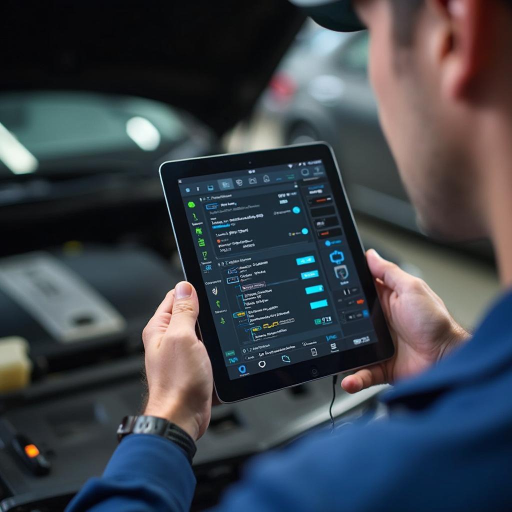 Mechanic Using OBD2 Wireless Adapter