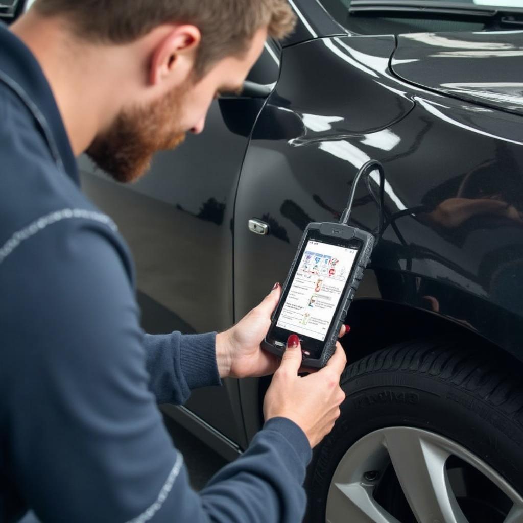 A mechanic using the OBDLink MX Bluetooth OBD2 Scan Tool on a vehicle.