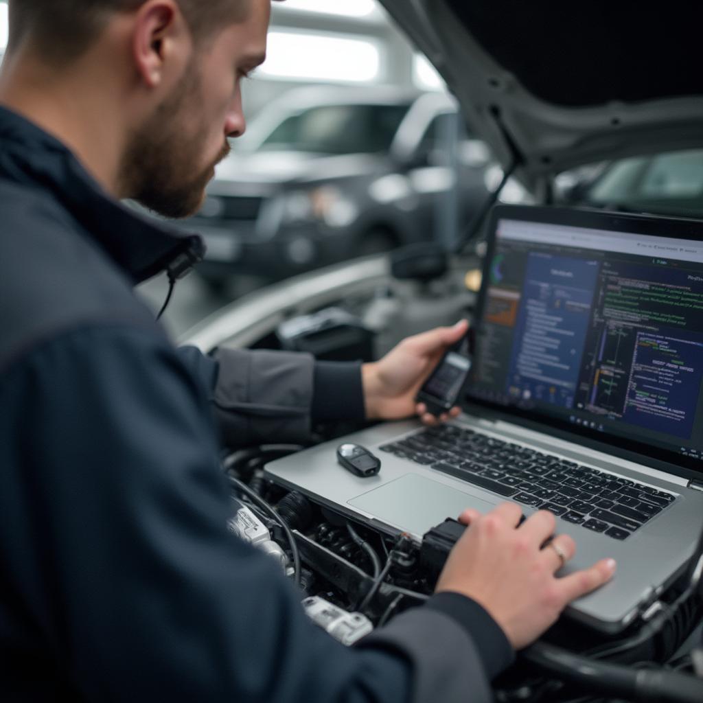 Mechanic using OBDLink MX+ in a workshop