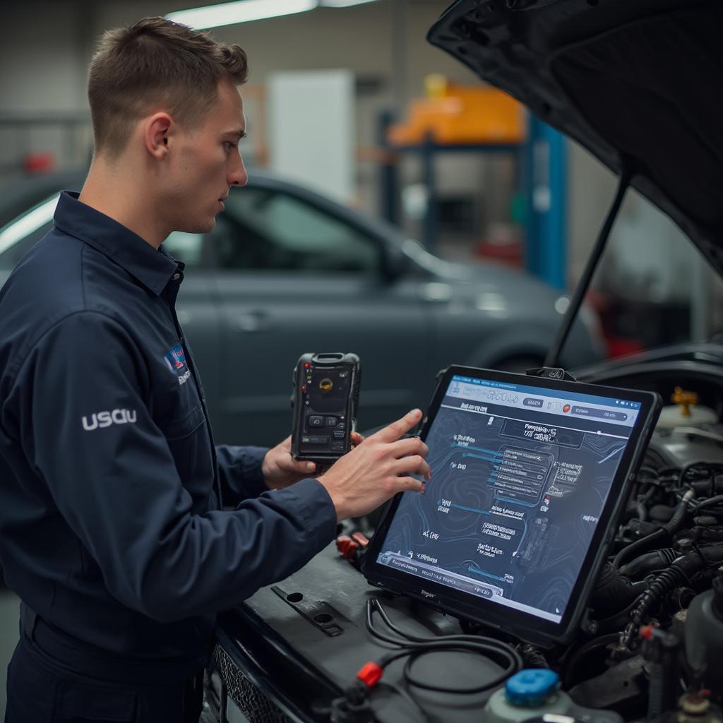 Mechanic Using OBDroid Scanner in Workshop