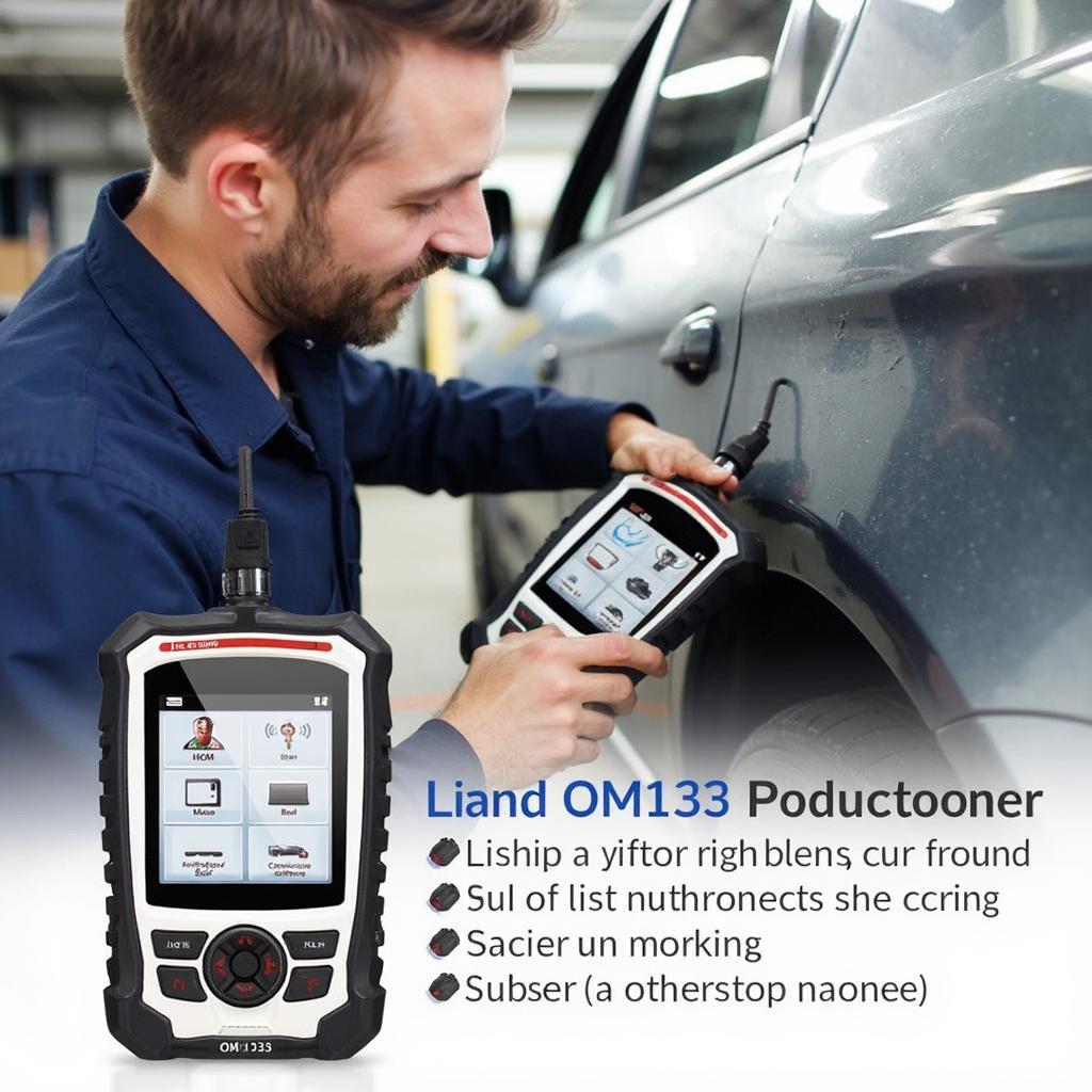 Mechanic using an OM123 EOBD OBD2 Scanner to diagnose a car problem.