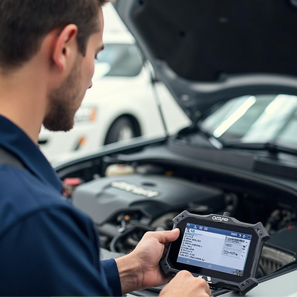 Mechanic Using OXGORD MS300 for Diagnostics