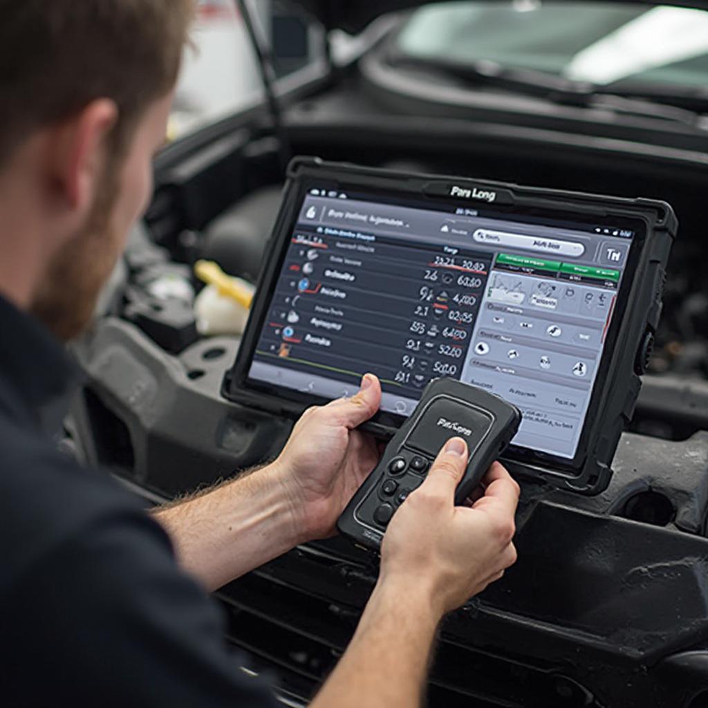 Mechanic Using Panlong Bluetooth OBD2 Scanner with Android Tablet