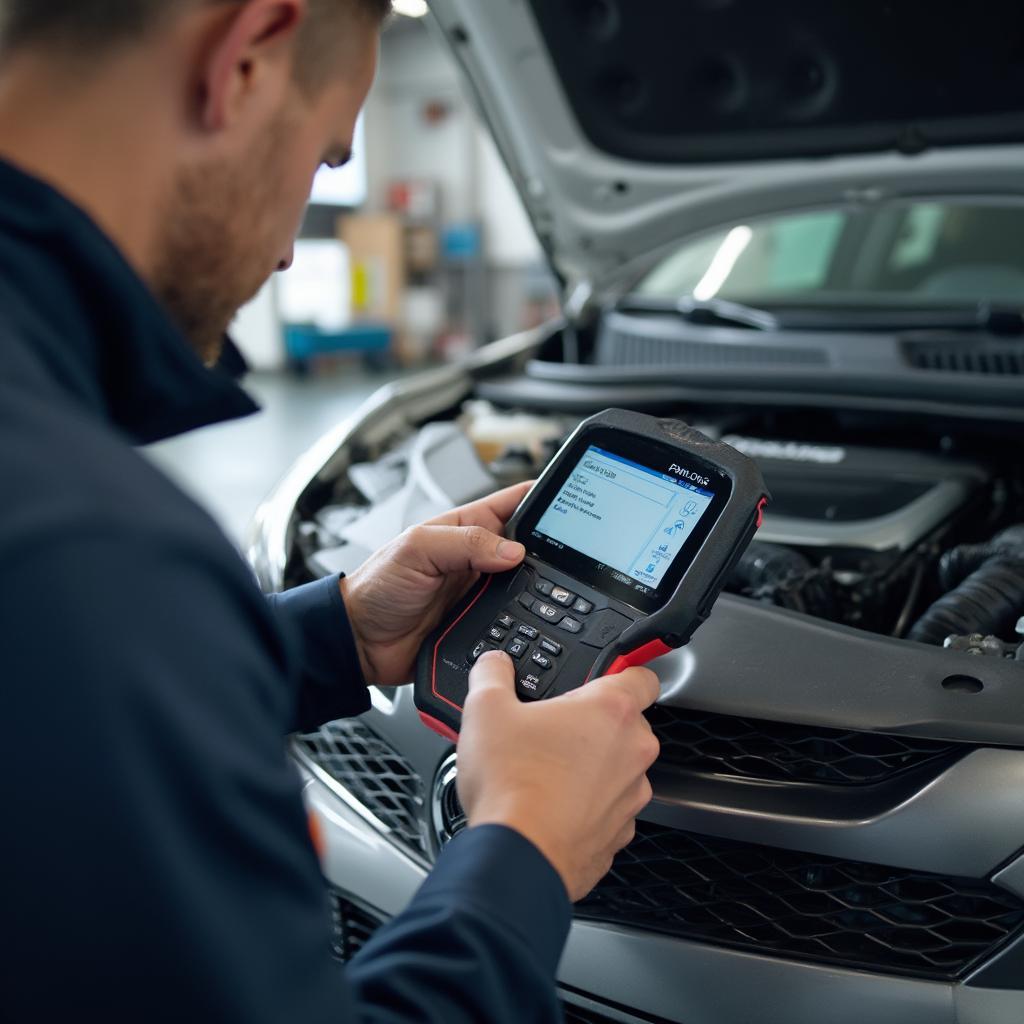 Mechanic Using Panlong OBD2 Scanner