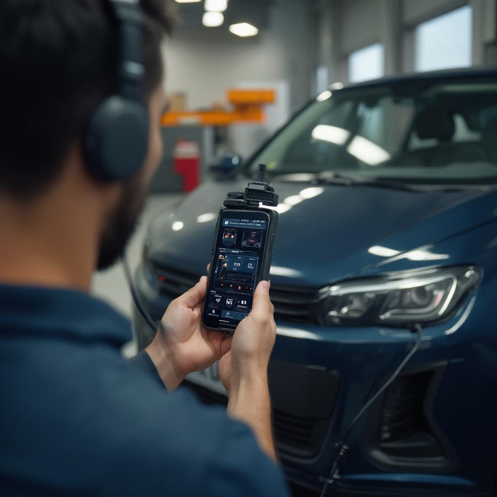 Mechanic Using Phone OBD2 Scanner on a Car