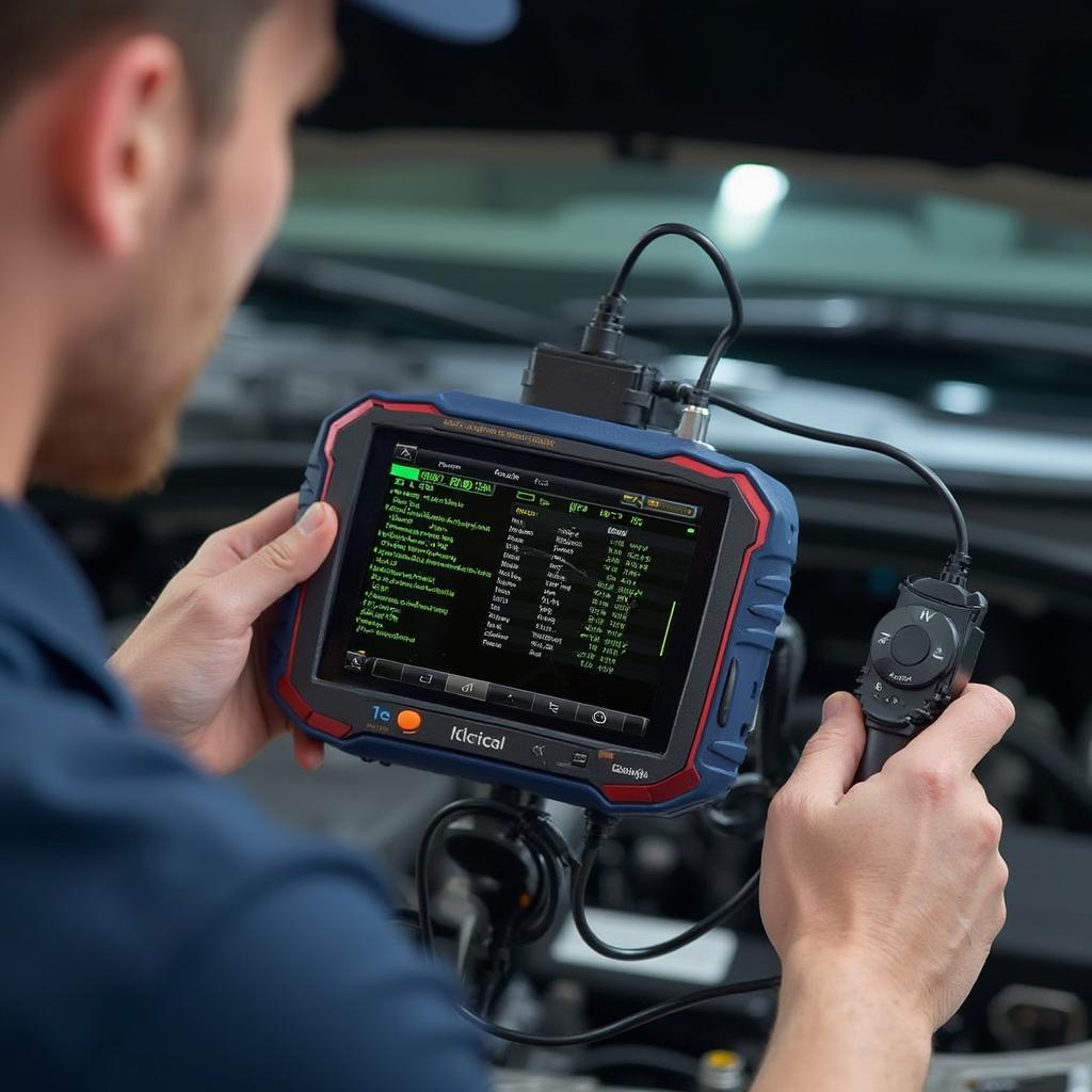 Mechanic using a powered OBD2 scanner to diagnose a car