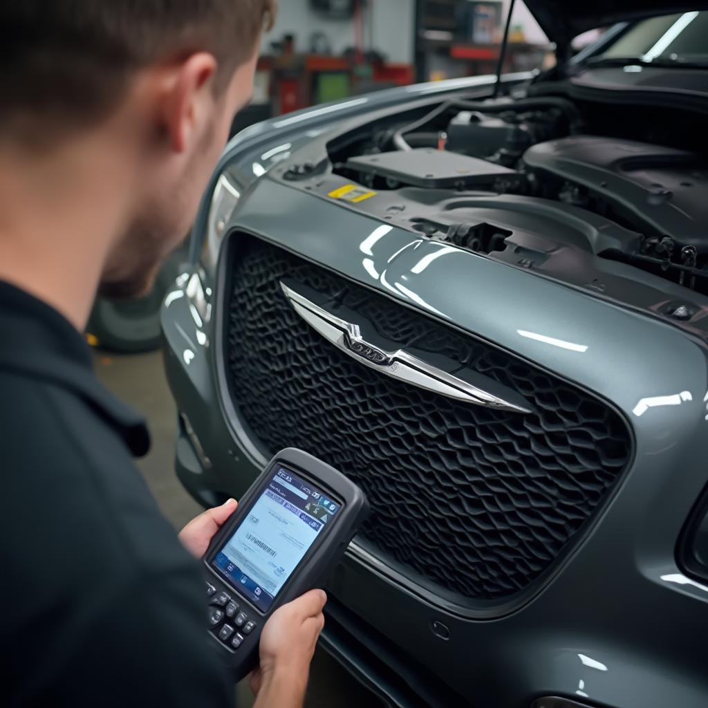 Mechanic using professional OBD2 scanner