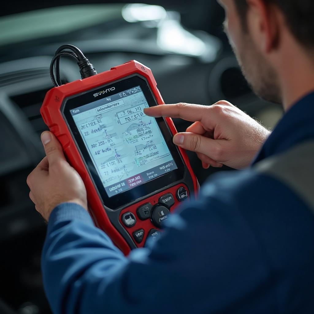 Mechanic diagnosing a car using a professional OBD2 scanner