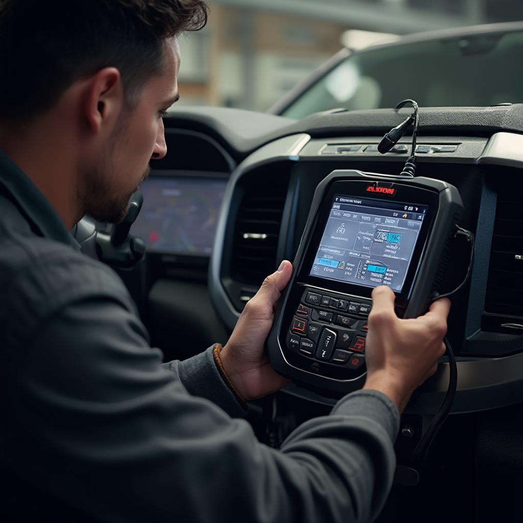 Mechanic Using Professional OBD2 Scanner on a 2019 Ram 1500