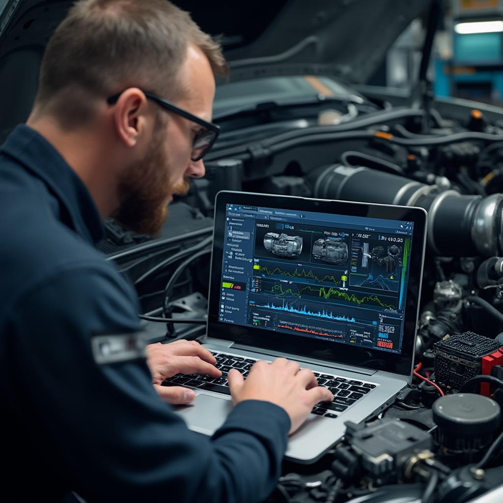 A mechanic using professional tuning software and hardware to tune a car's engine.