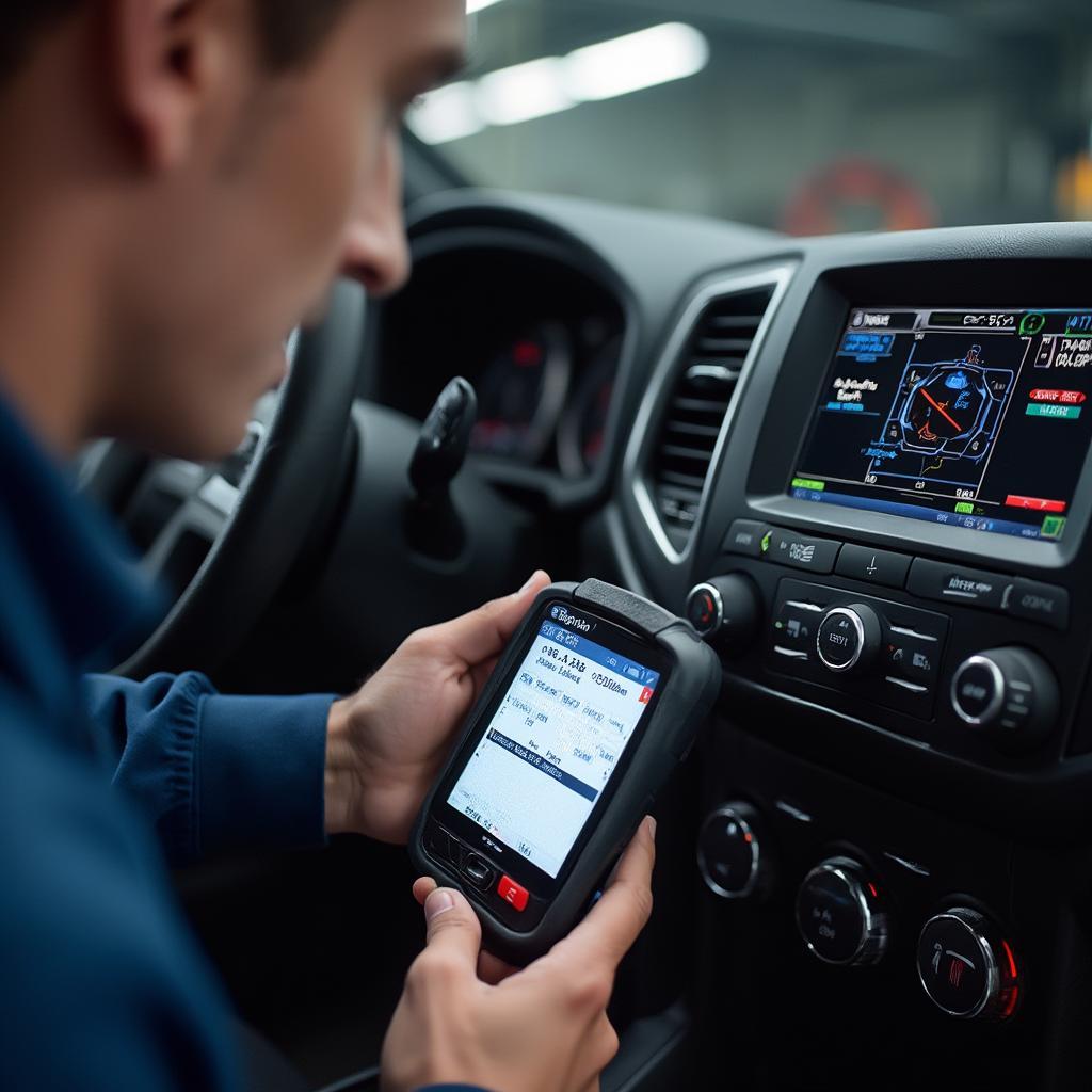 Mechanic Using Snapon Tool for Diagnostics