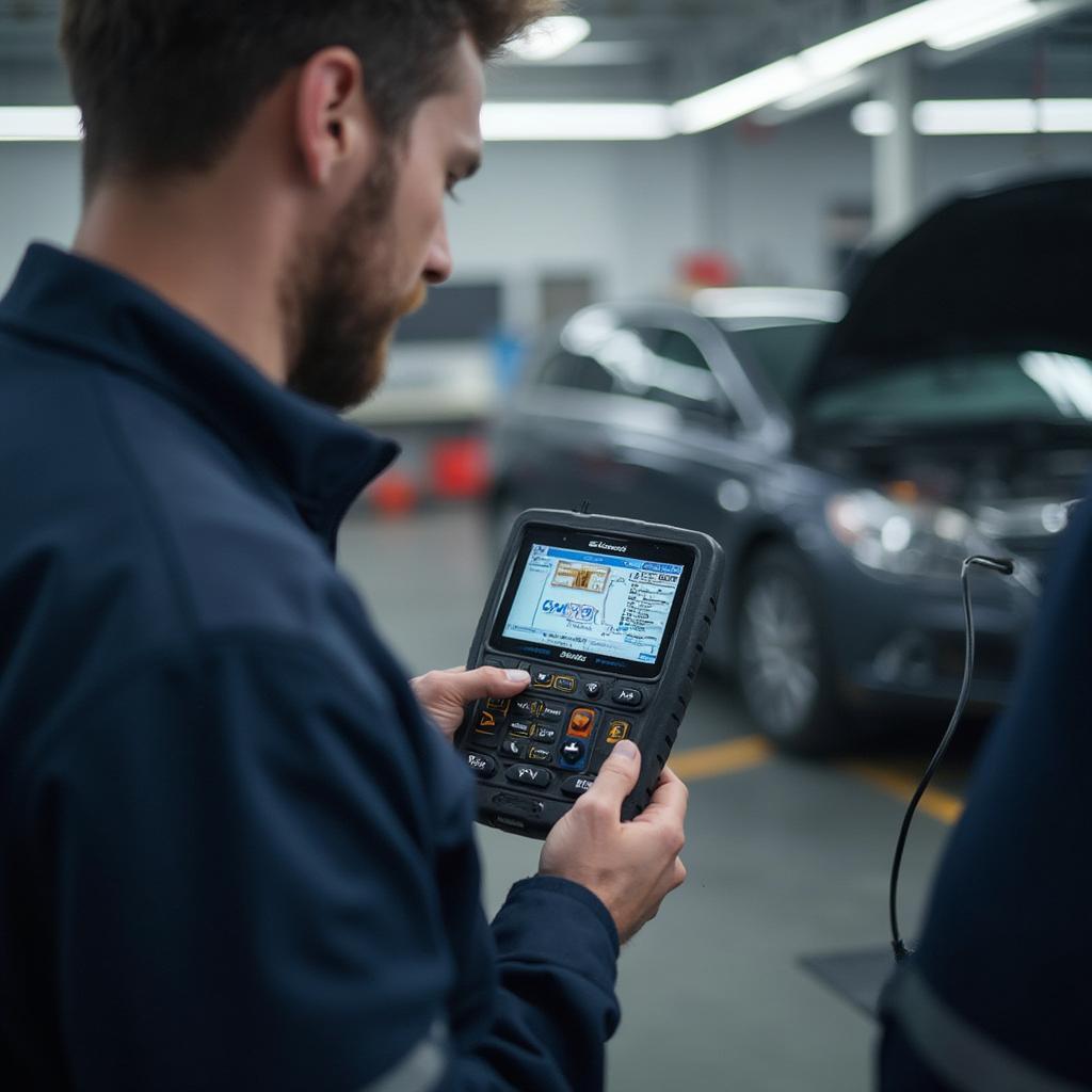 Mechanic Diagnosing a Car with a Solace OBD2 Scanner