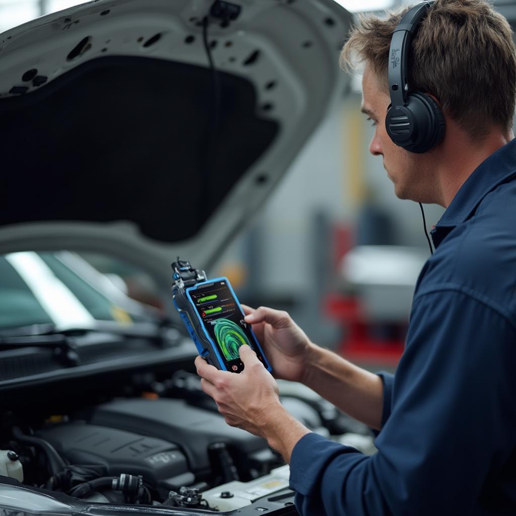 Mechanic Using Sound Recorder OBD2 to Diagnose Car Problem