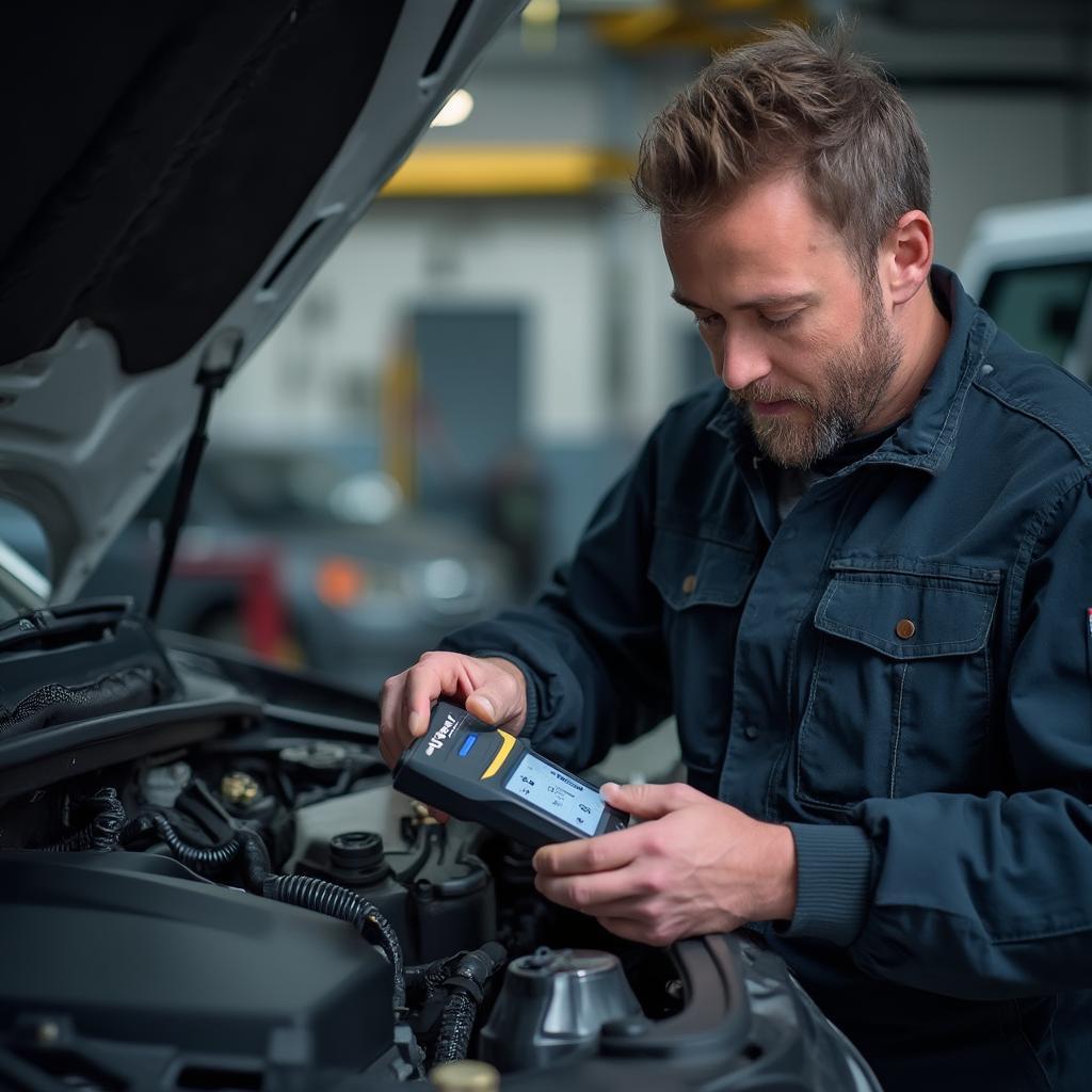 Mechanic Using a Tech2 OBD2 USB Diagnostic Scanner in a Workshop