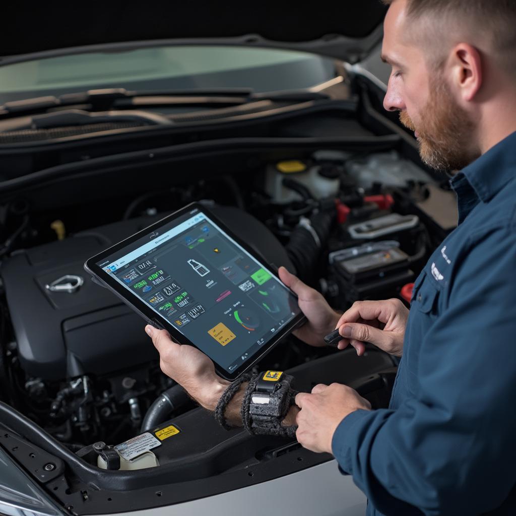 Mechanic Using Techstream Bluetooth OBD2 on a Tablet