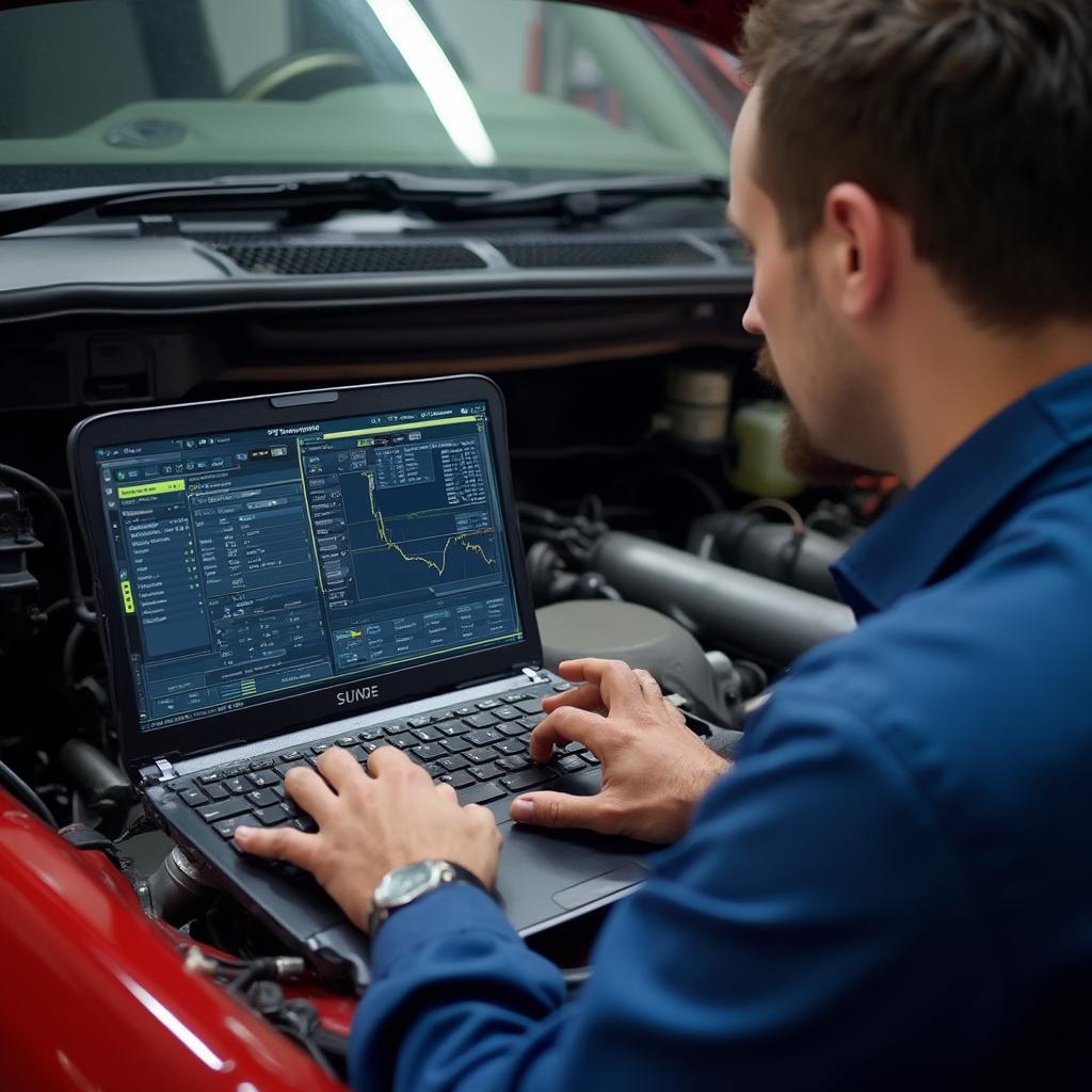 Mechanic using Tune ECU OBD2 on a laptop