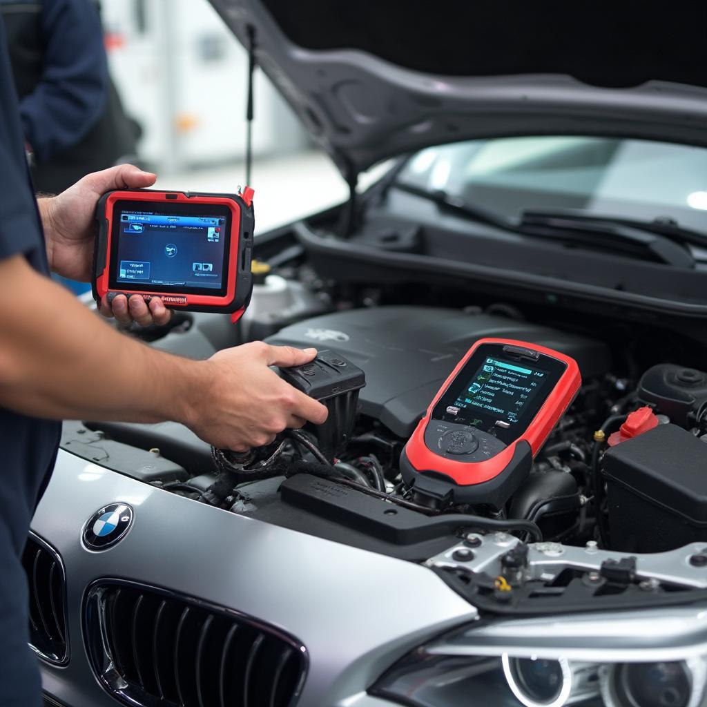 Mechanic Using U480 OBD2 Scanner to Diagnose Car Problem