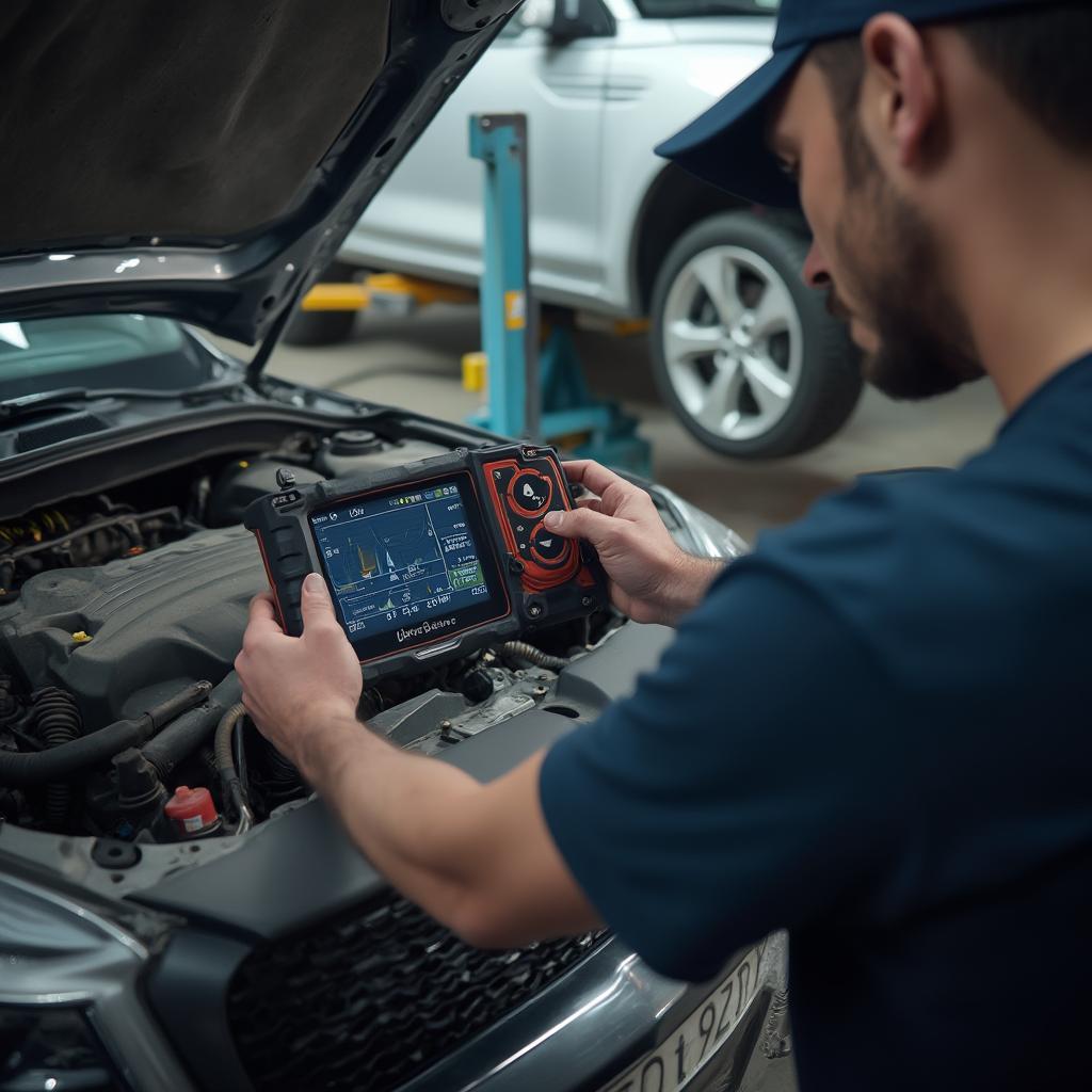 Mechanic Using UltraGauge OBD2 Scanner in a Workshop