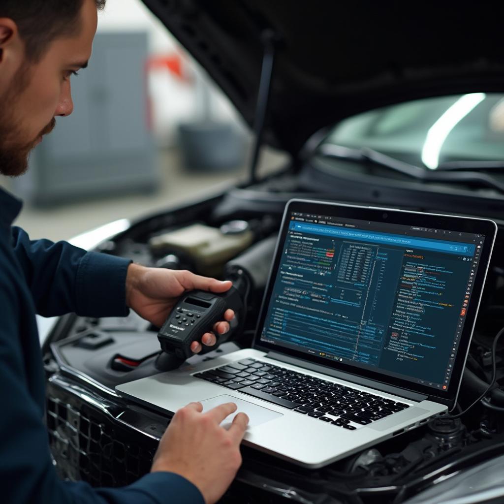 Mechanic Using a USB OBD2 Laptop Scanner to Diagnose a Car