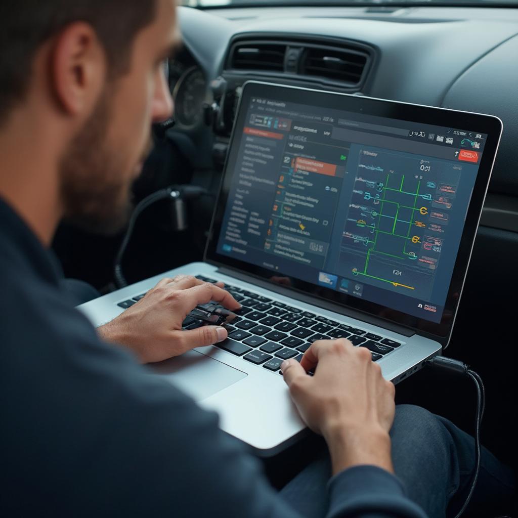 Mechanic using a USB OBD2 scanner on a car