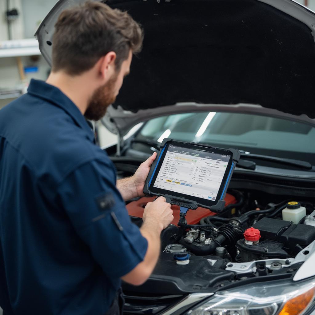 Mechanic Diagnosing a Car with a V-Gate OBD2 Scanner