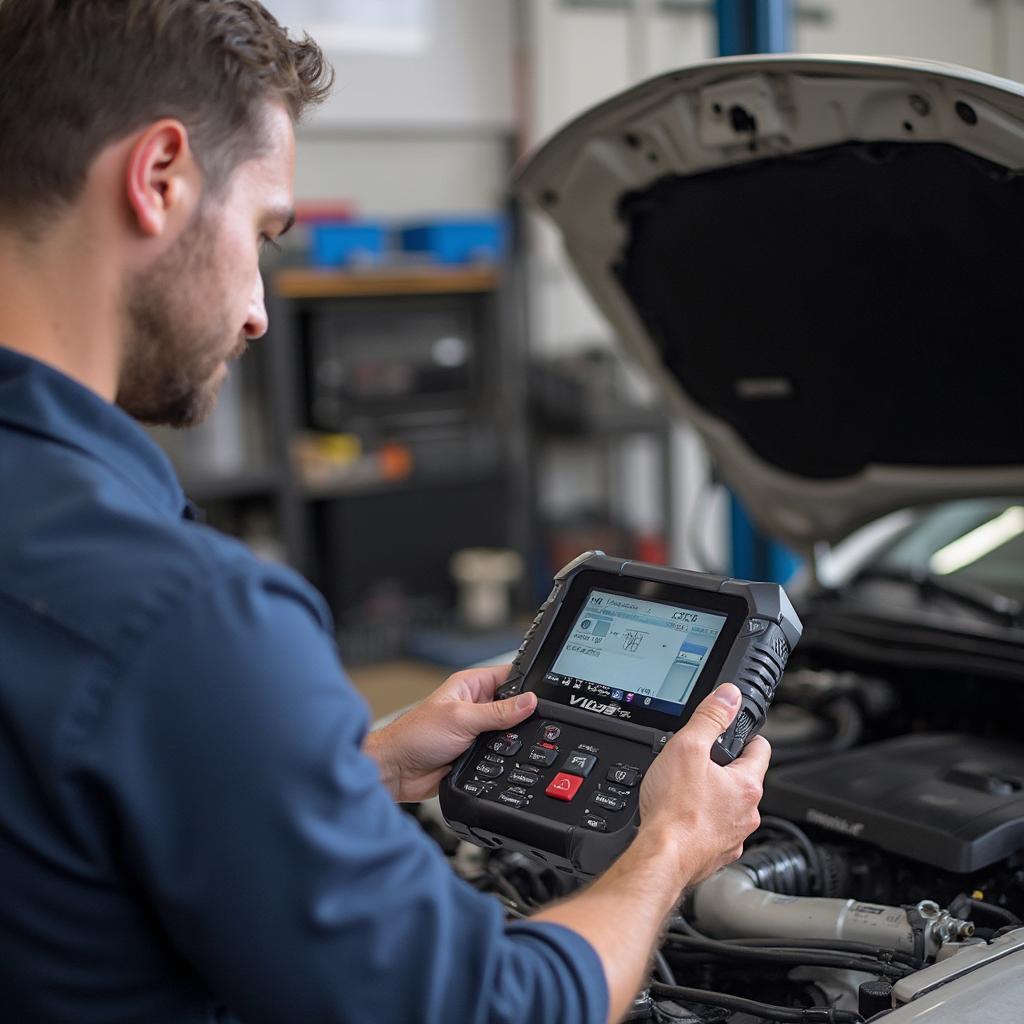 Mechanic using the v100 OBD2 scanner in a garage setting