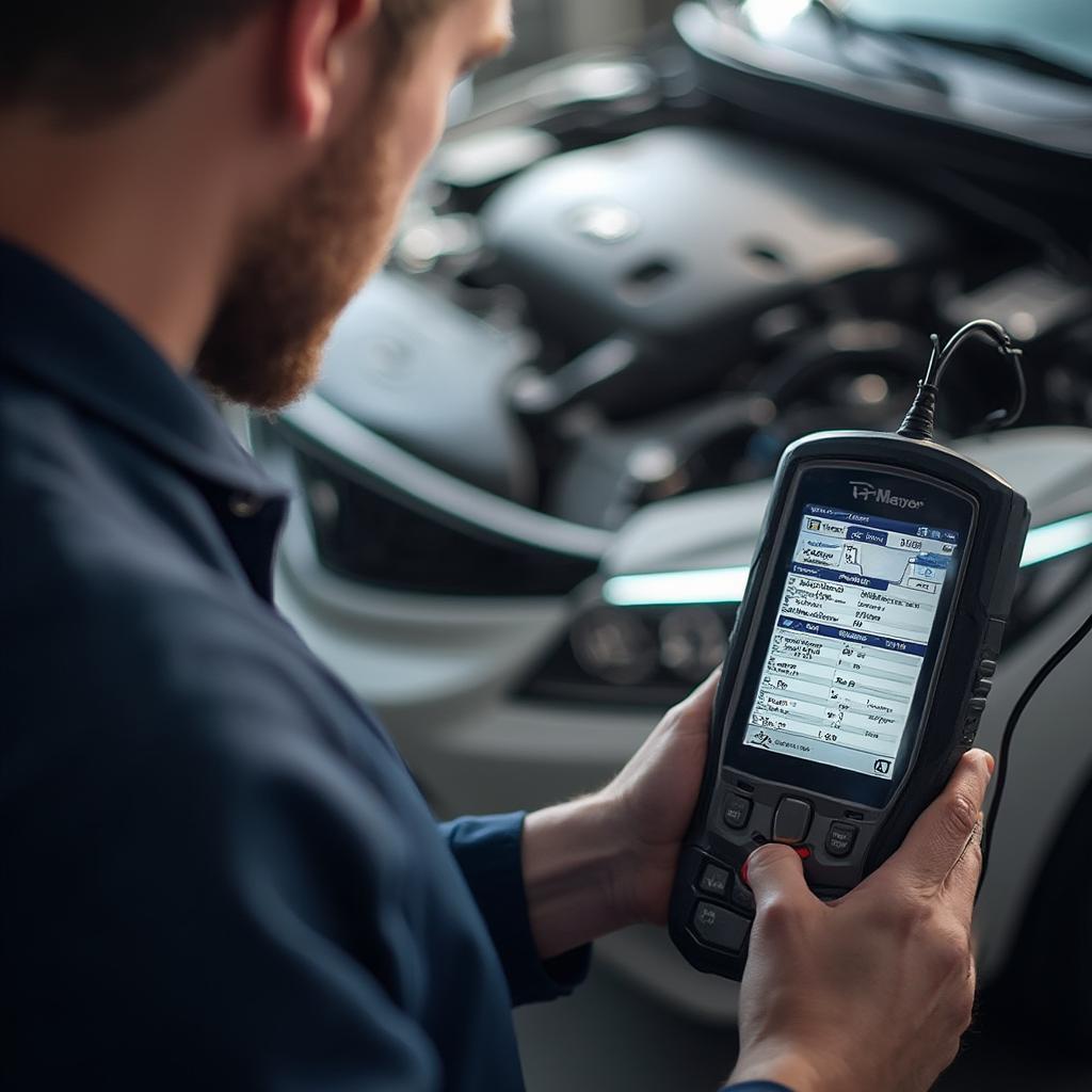 Mechanic Using a V2 OBD2 Scanner to Diagnose a Car Problem