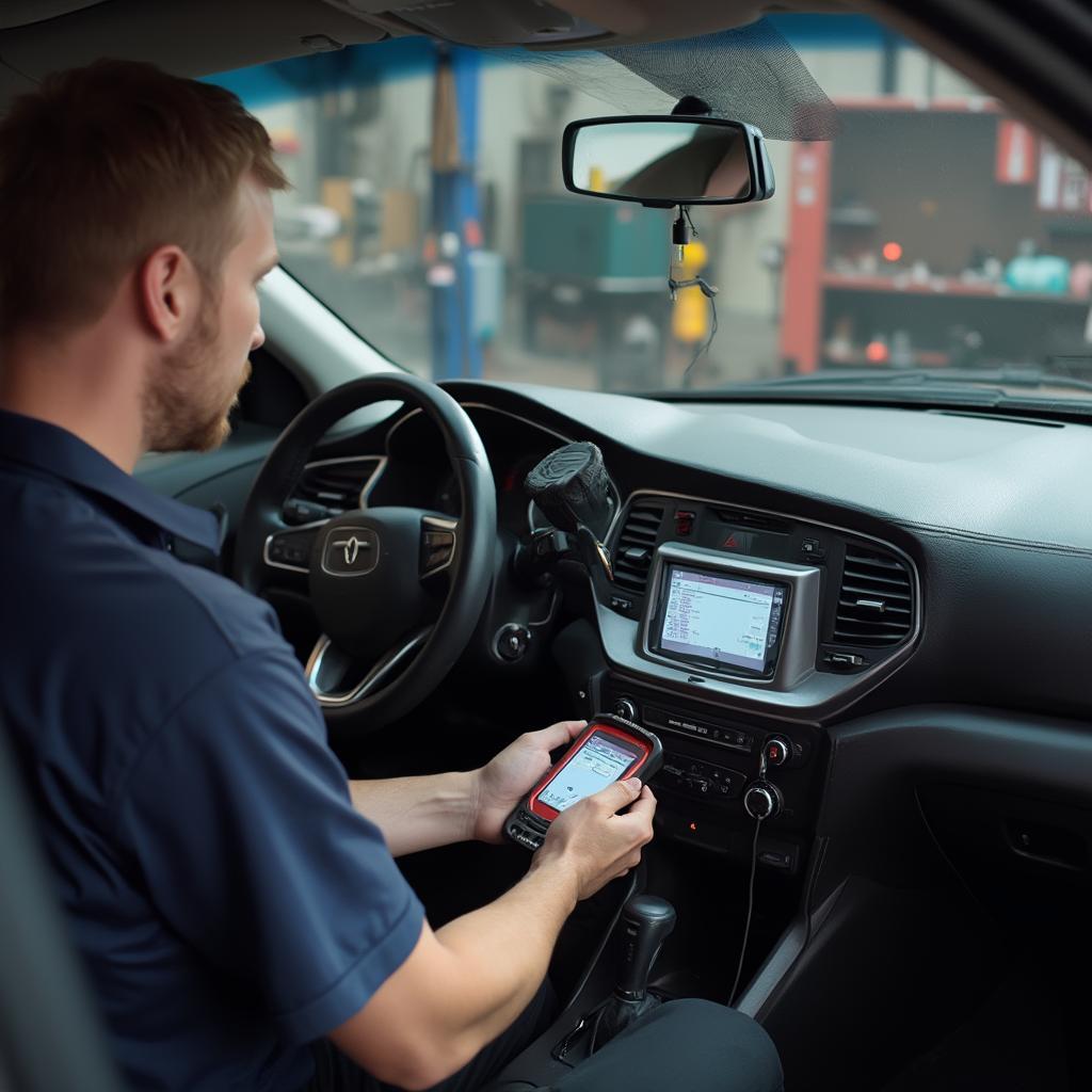 Mechanic Using V519 OBD2 Scanner on Car