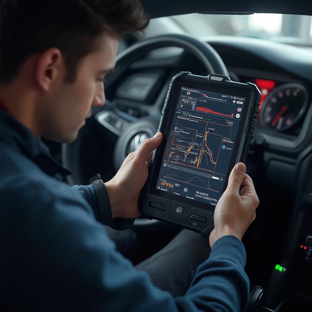 A mechanic diagnoses a car using a professional VAG OBD2 scanner.